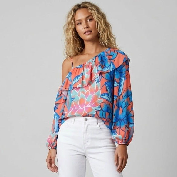 Parker NY Tropical Floral Silk Ruffle Off-The-Shoulder Top | XS