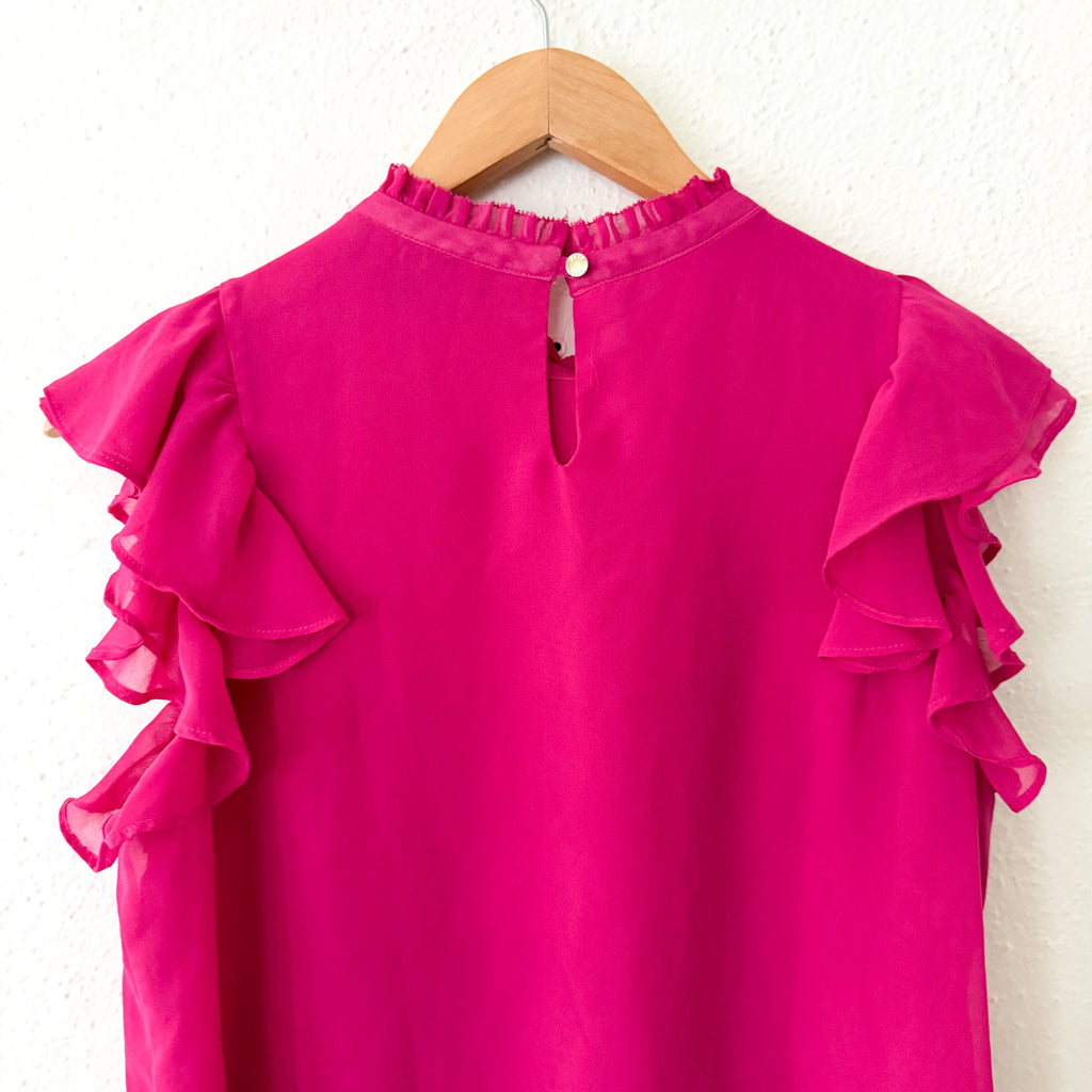 DKNY Sleeveless Ruffle Silky Chiffon Blouse in Hot Pink | S