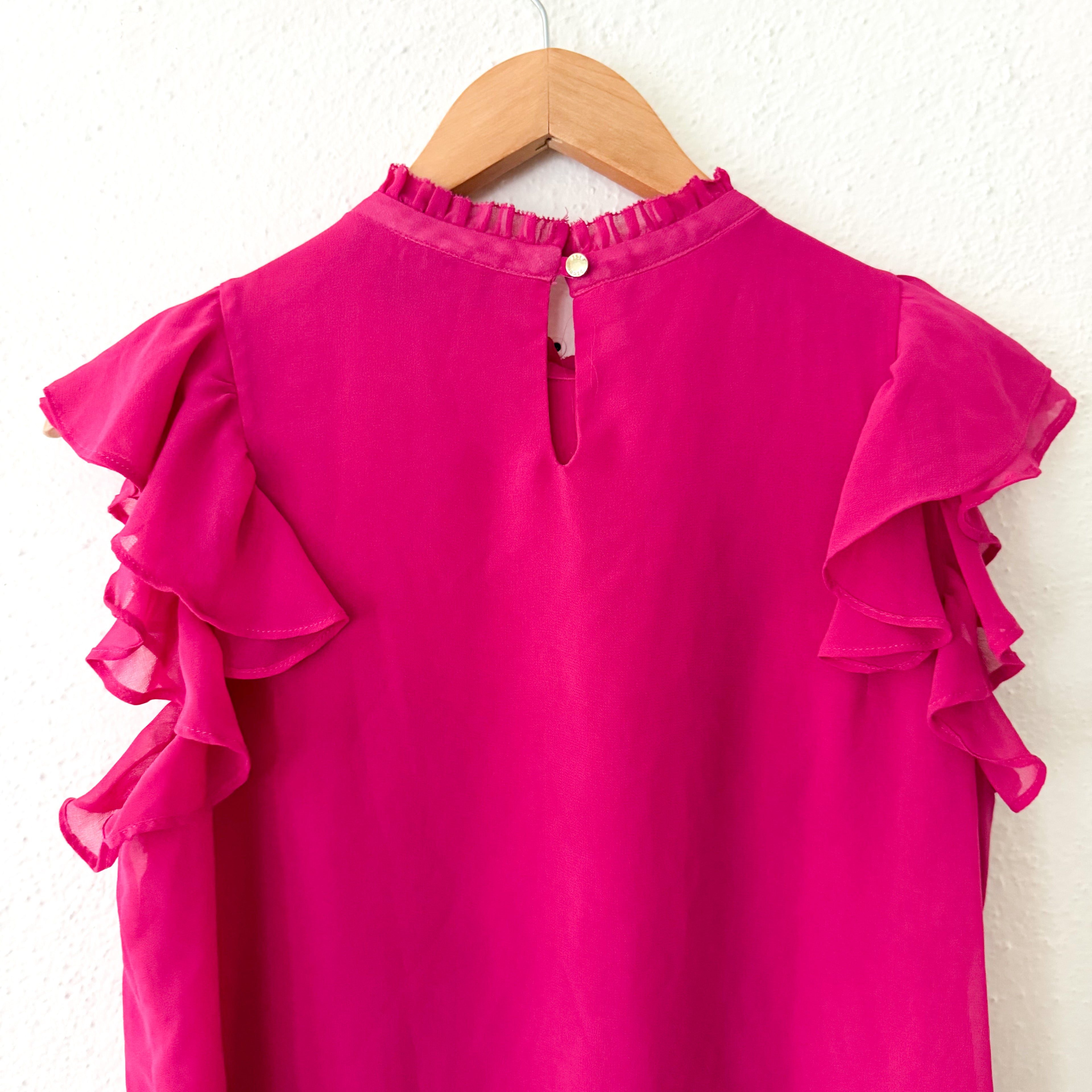 DKNY Sleeveless Ruffle Silky Chiffon Blouse in Hot Pink | S