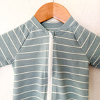 H&M Dusty Ocean Blue Cream Stripe Long Sleeve Zipper Swimsuit | 6-9m