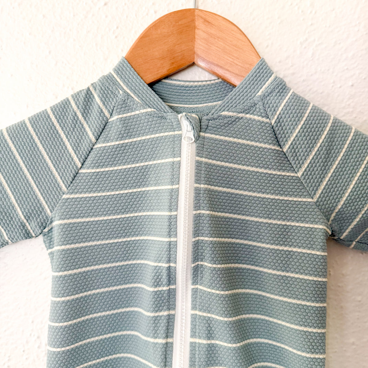 H&M Dusty Ocean Blue Cream Stripe Long Sleeve Zipper Swimsuit | 6-9m