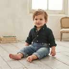 Polo Ralph Lauren Navy Green Plaid Textured Velvet Long Sleeve Bodysuit | 12-18m