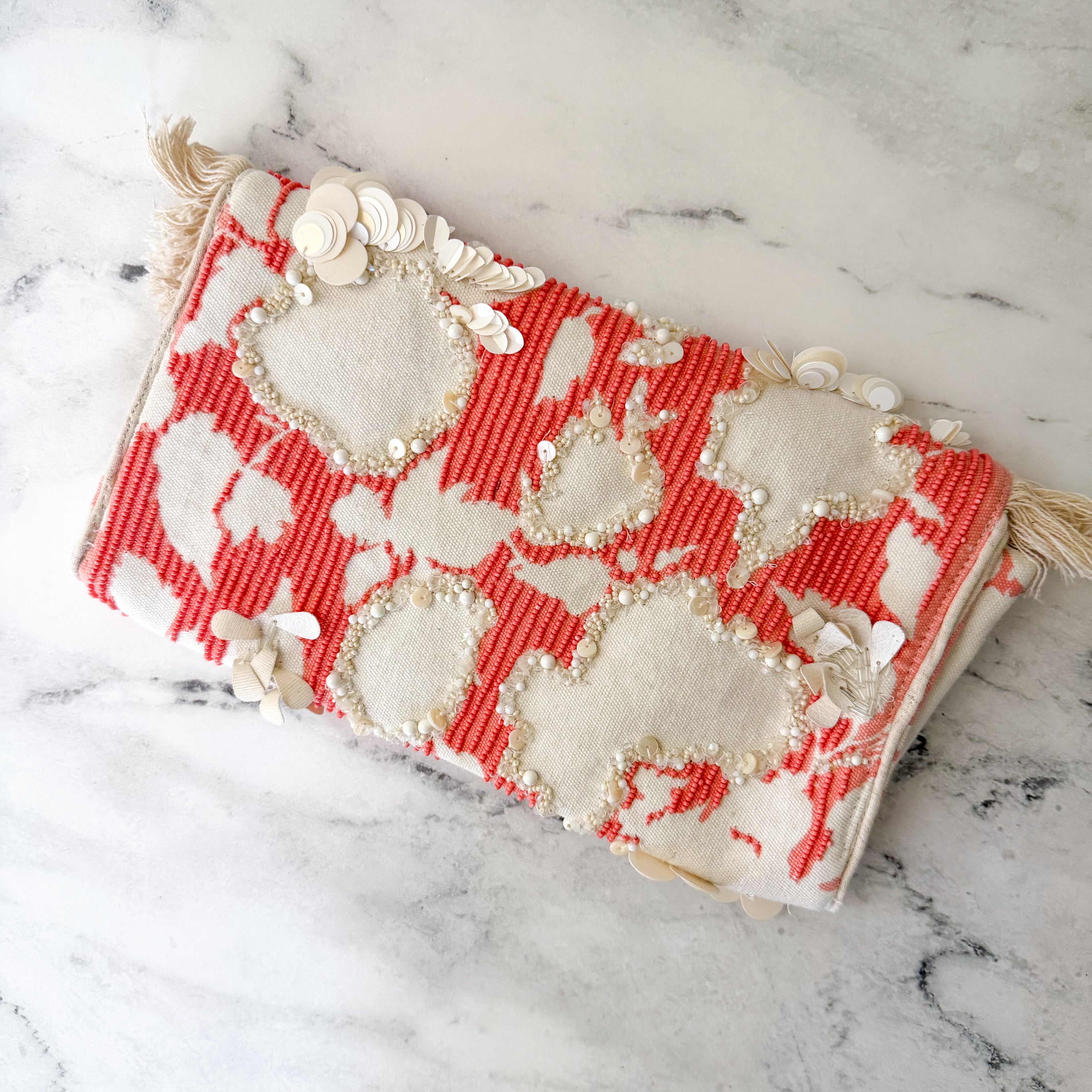 Anthropologie Beaded Embellished Orange Fringe Clutch