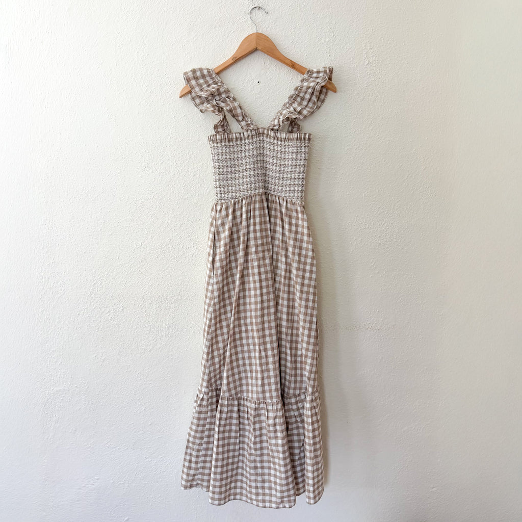 Marea by Liz Joy Sasco Midi Dress in Smocked Tan Dune Gingham | XS