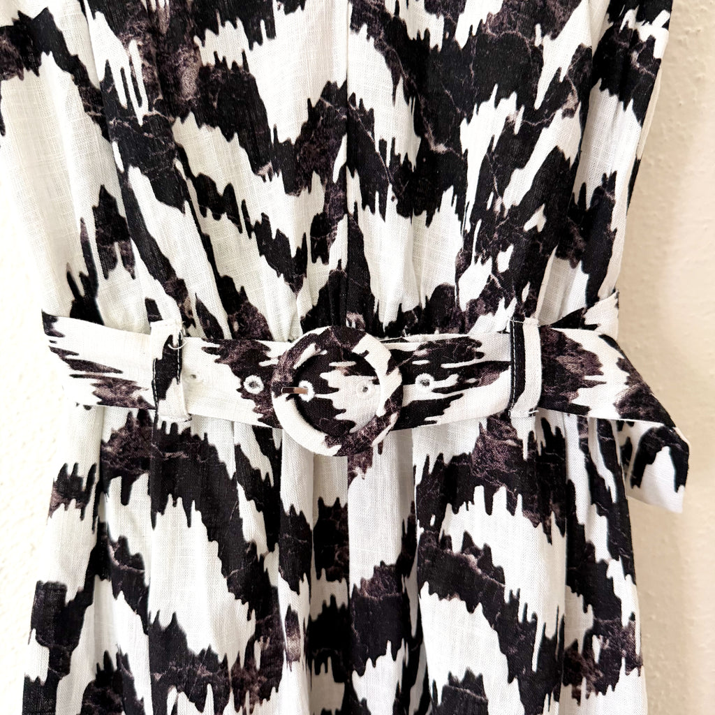 Nine West Linen Blend Belted Ikat Midi Dress | XS