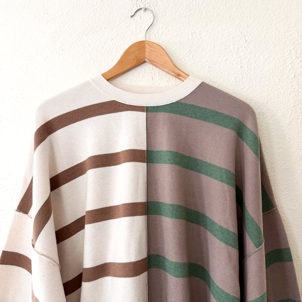 Free People Uptown Oversized Crewneck Pullover Sweatshirt Cream Brown Green |Small