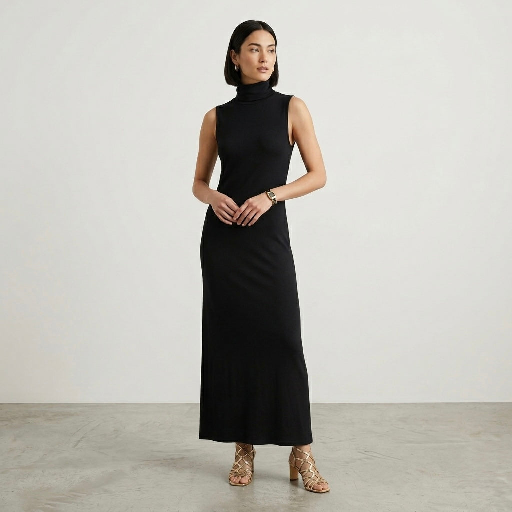 A New Day Black Sleeveless Turtleneck Ribbed Maxi Dress | S