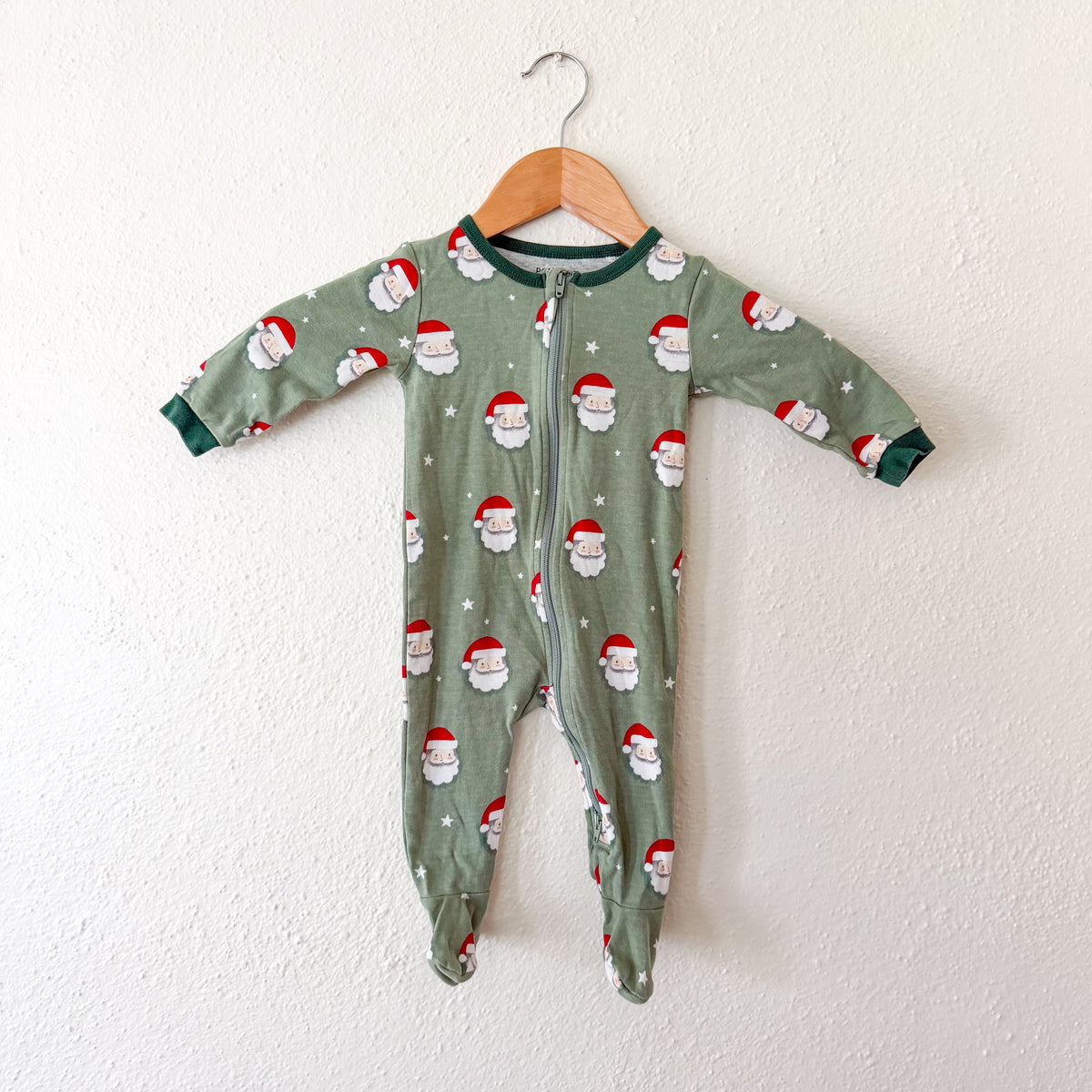 Petit Lem Organic Green Christmas Santa 2-Way Zipper Footed Sleeper | 3-6m