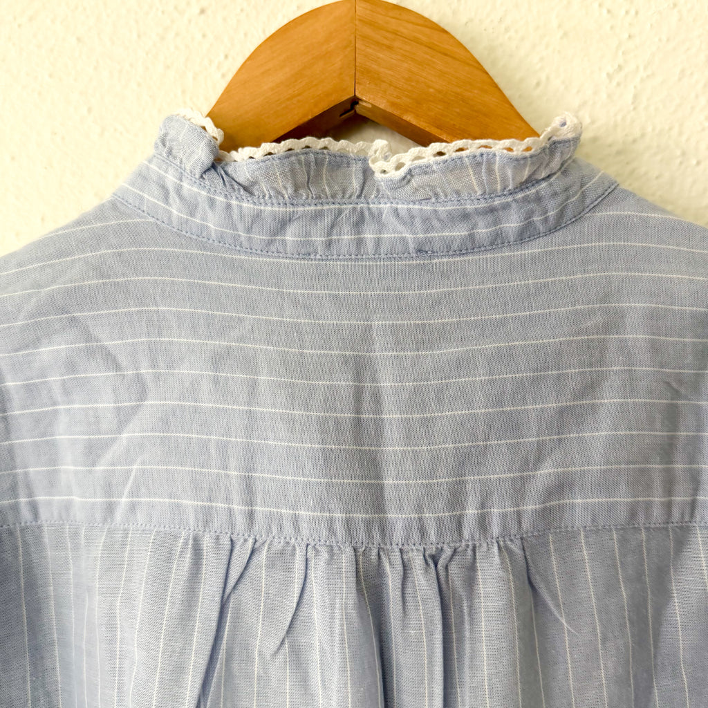 ME+EM Ruffle Mockneck Half Button Up Elbow Sleeve Cotton Blouse in Blue Stripe | 2