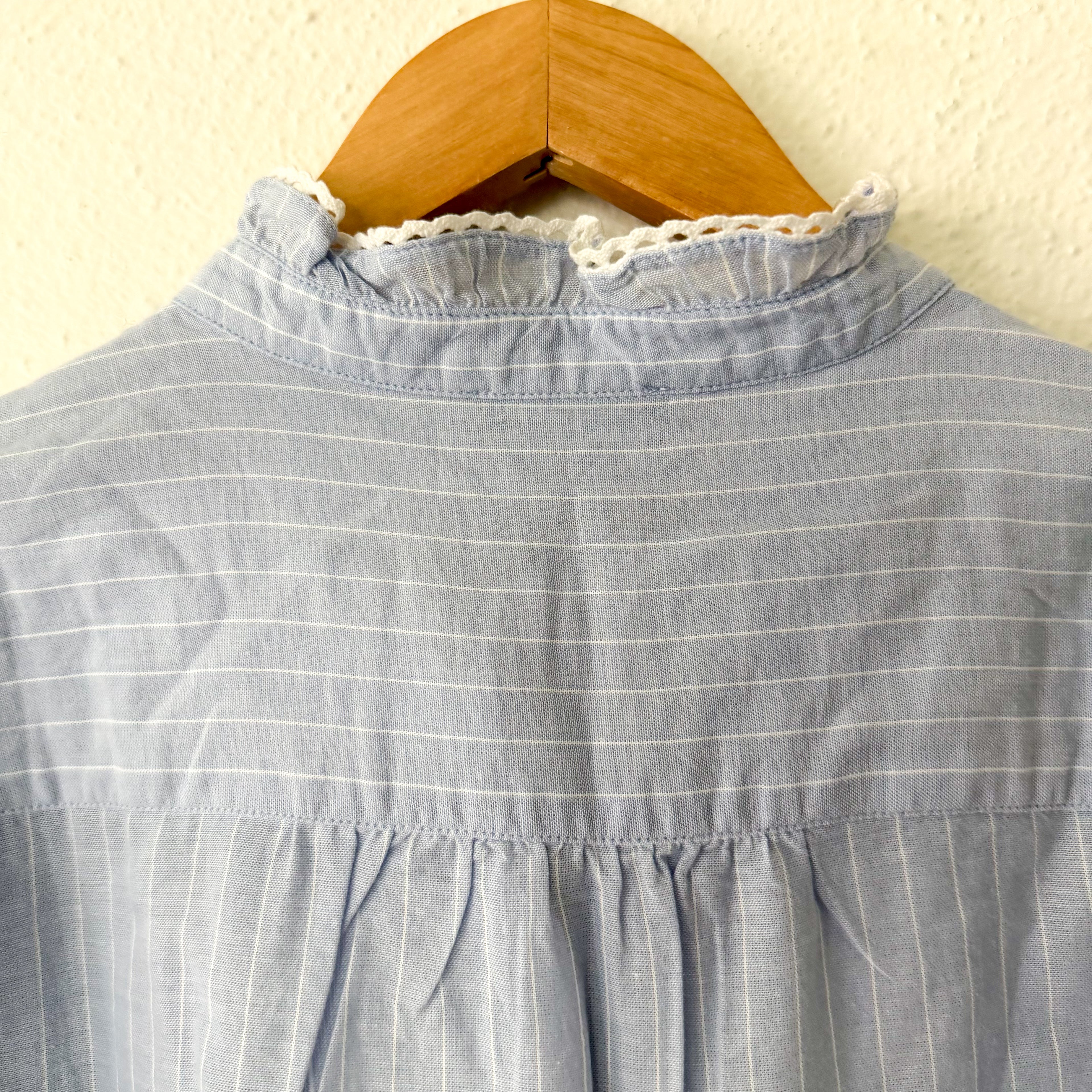 ME+EM Ruffle Mockneck Half Button Up Elbow Sleeve Cotton Blouse in Blue Stripe | 2