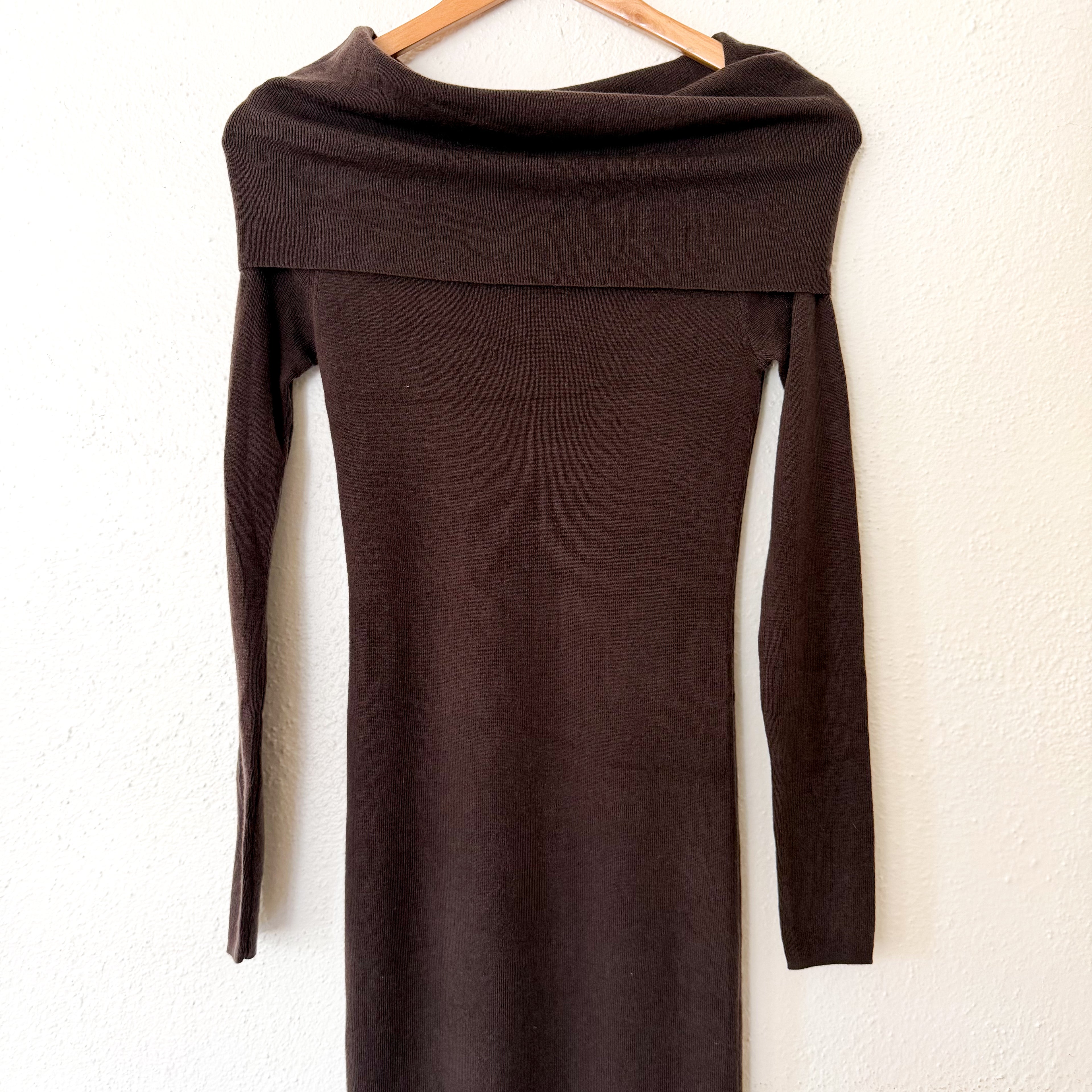 Charles Henry Wool Blend Off-The-Shoulder Long Sleeve Sweater Dress in Espresso | XS