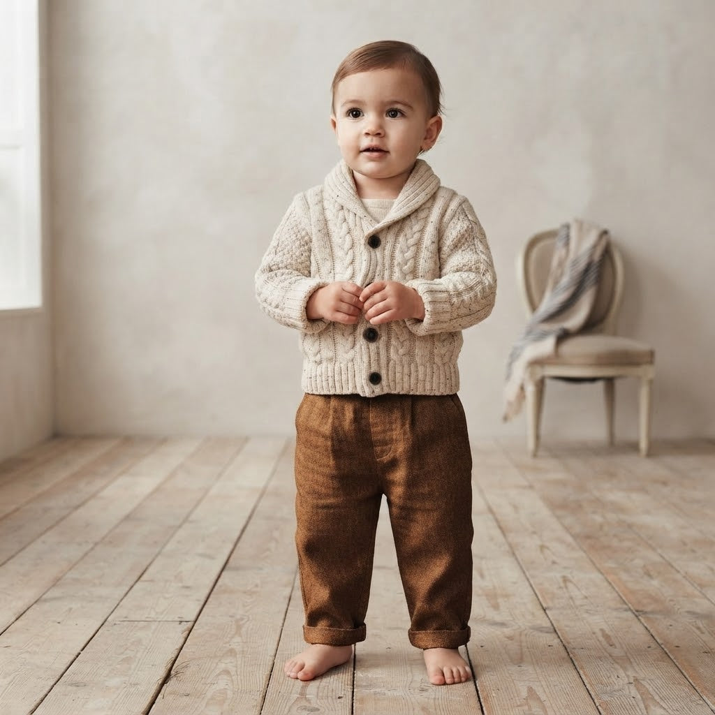 Next Wool Blend Cream Marl Cable Knit Shawl Collar Sweater | 12-18m