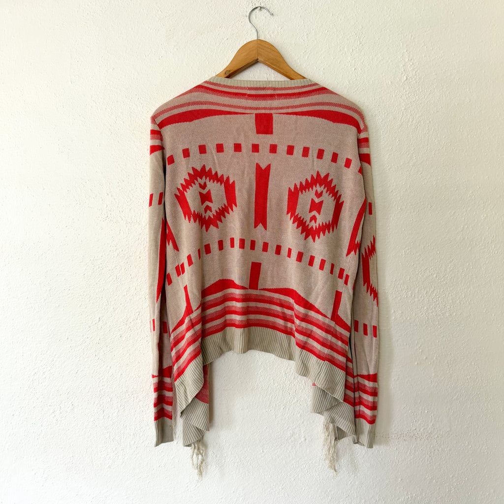 Umgee Boho Tribal Print Open Front Fringe Cardigan | S