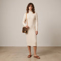 River Island Turtleneck Cable Knit Long Sleeve Midi Sweater Dress in Cream | S