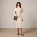 River Island Turtleneck Cable Knit Long Sleeve Midi Sweater Dress in Cream | S