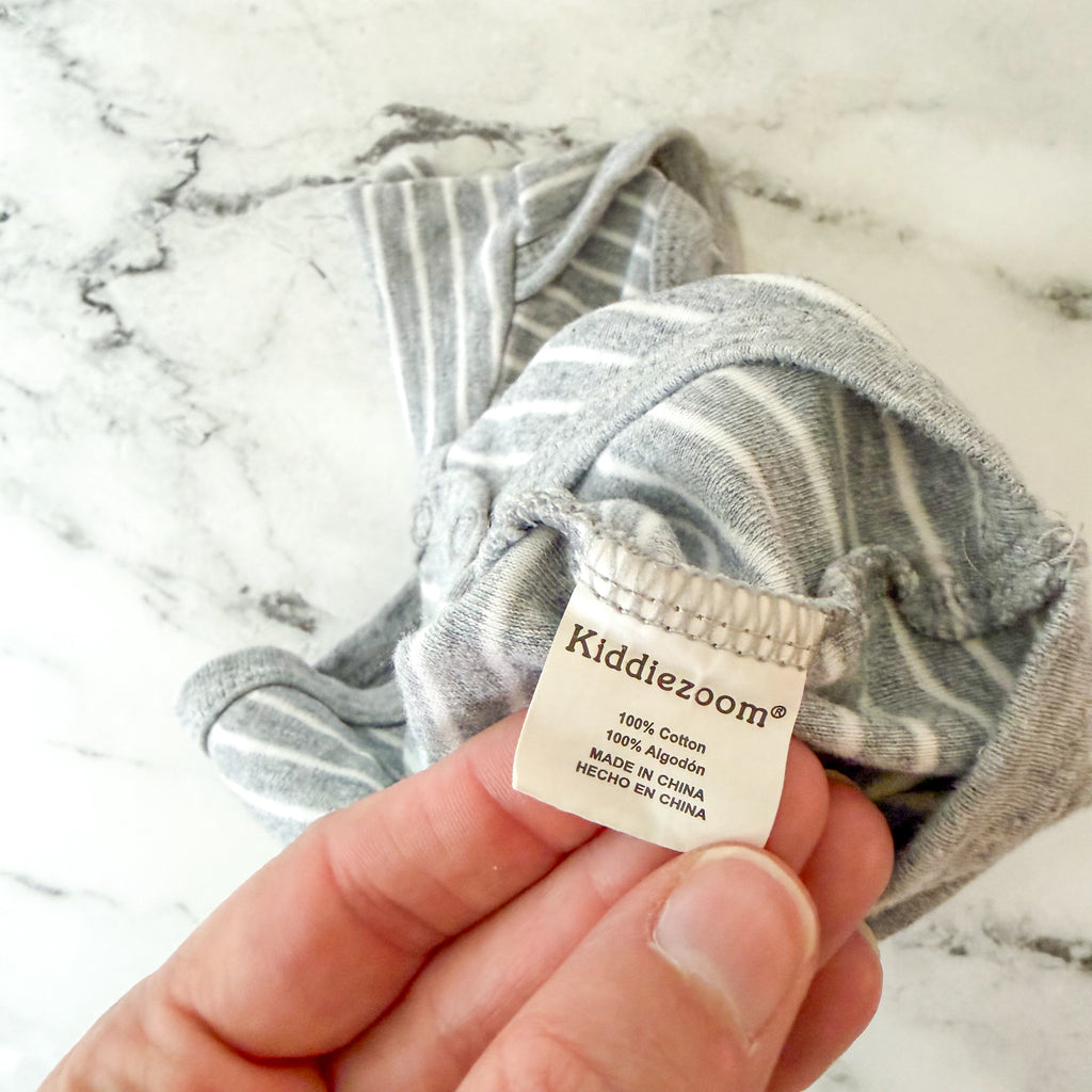 Kiddiezoom Grey White Stripe Bodysuit + Cloud Island Charcoal Gauze Burp Cloth Bundle | 3-6m