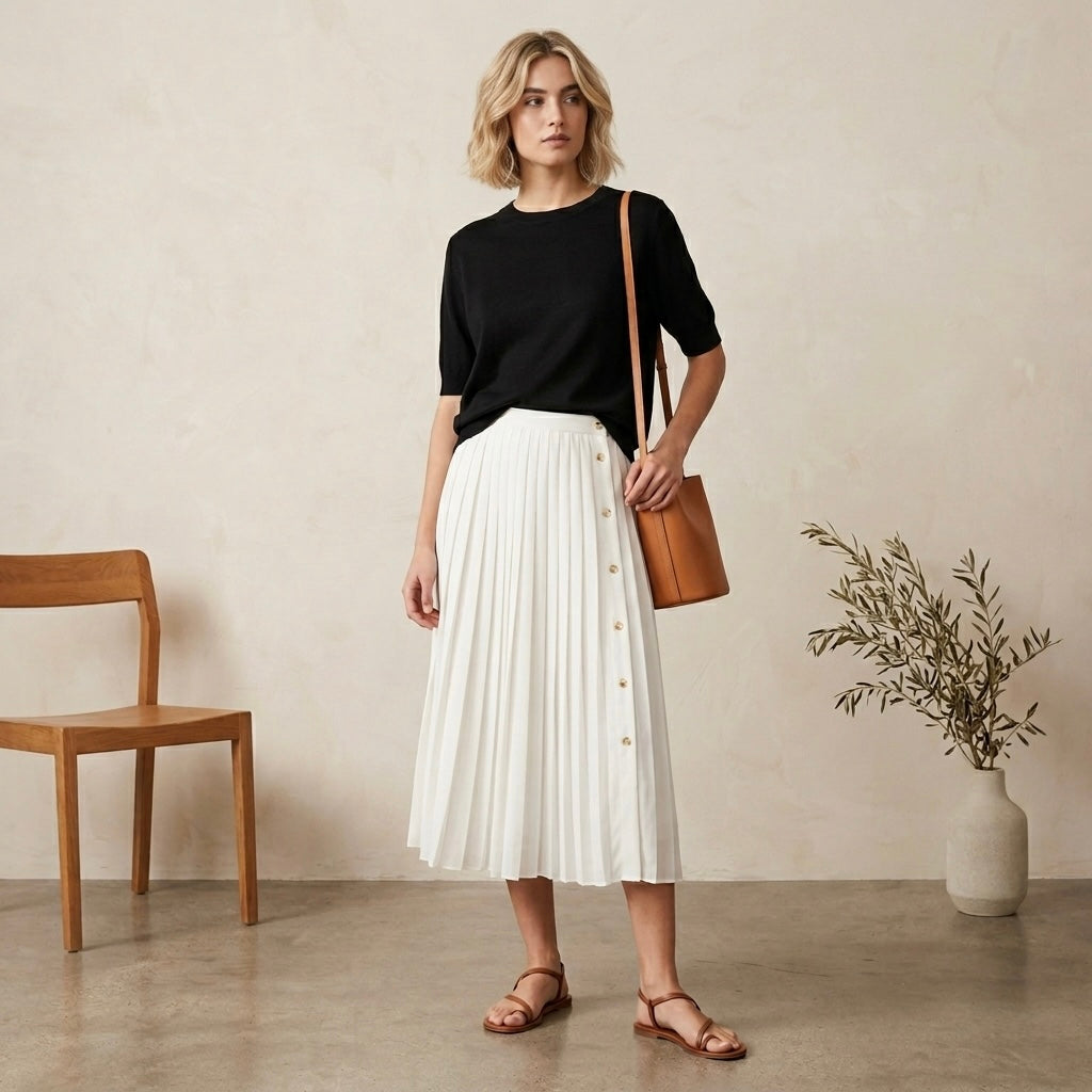 J. Crew White Pleated Midi Shirt with Gold Buttons | 00