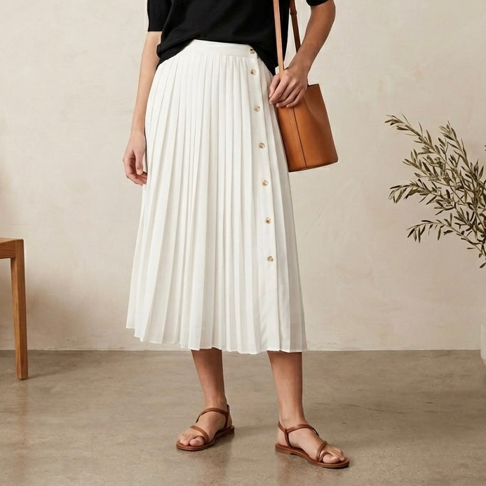 J. Crew White Pleated Midi Shirt with Gold Buttons | 00
