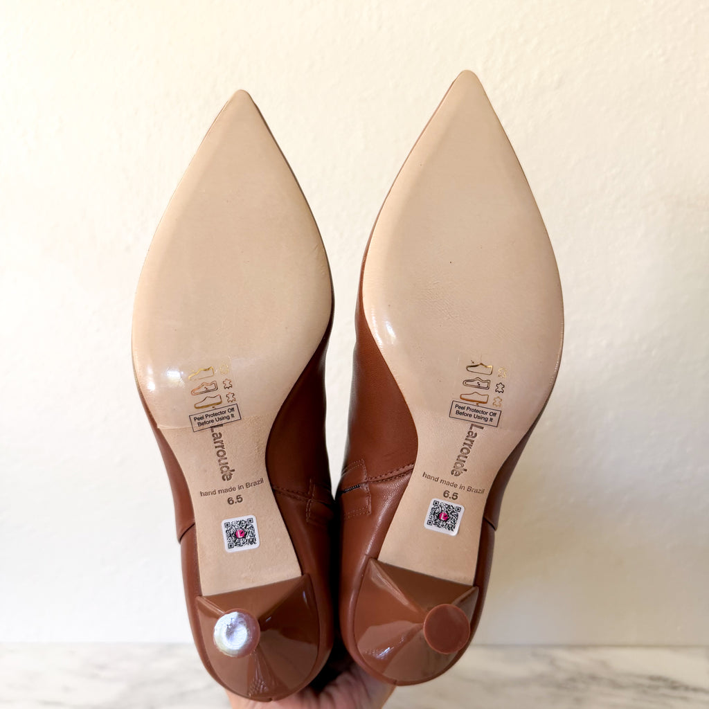 Larroudé Georgia Pointed Toe Boots in Shine Kids Skin Caramel | 6.5