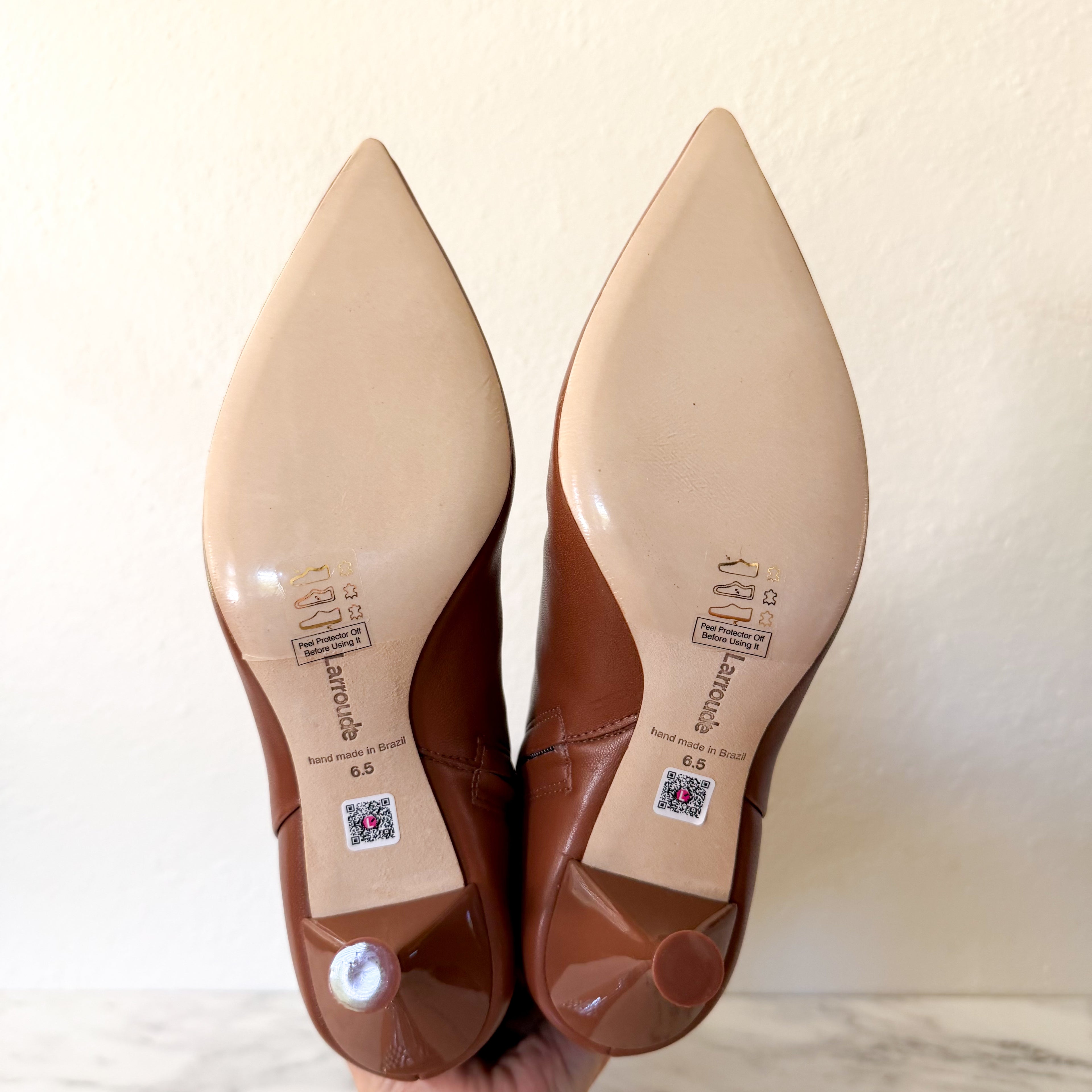 Larroudé Georgia Pointed Toe Boots in Shine Kids Skin Caramel | 6.5