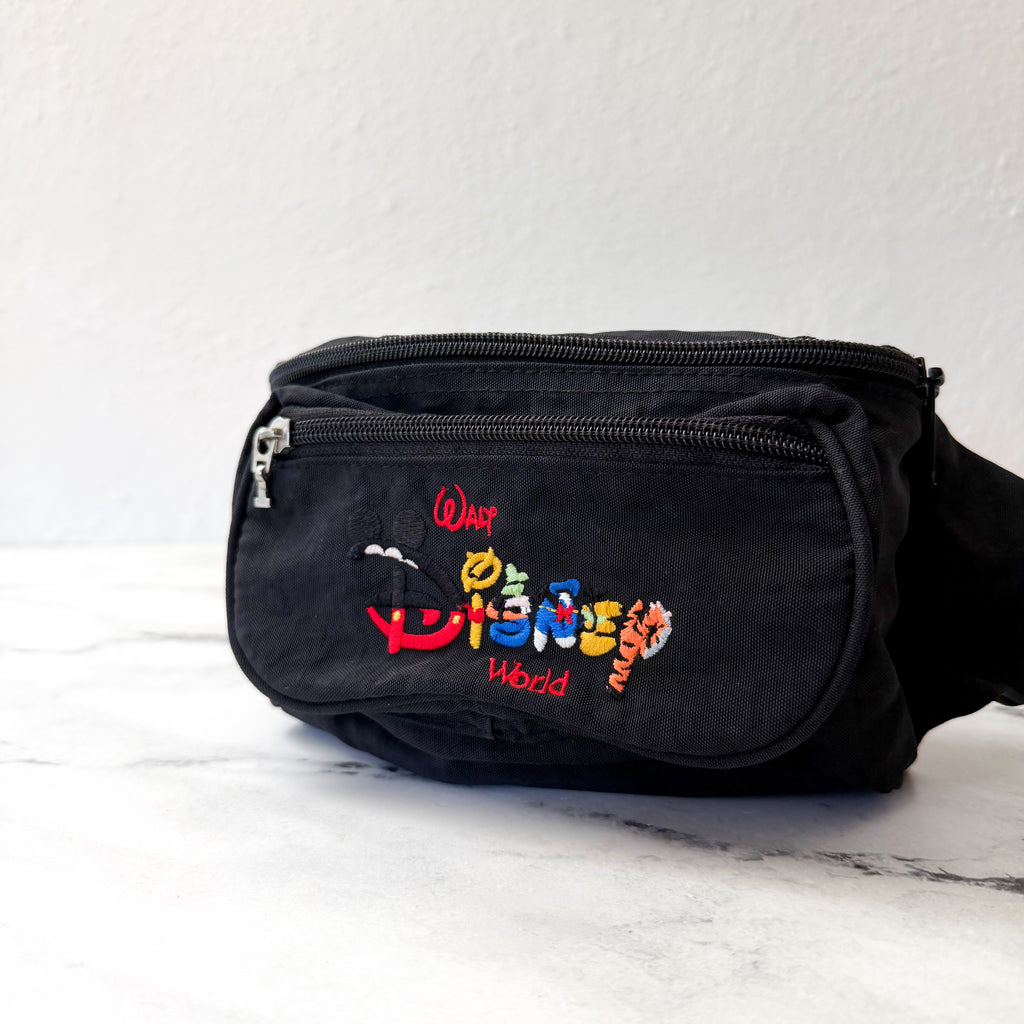 Vintage 90s Walt Disney World Embroidered Fanny Pack | Black Retro Waist Bag