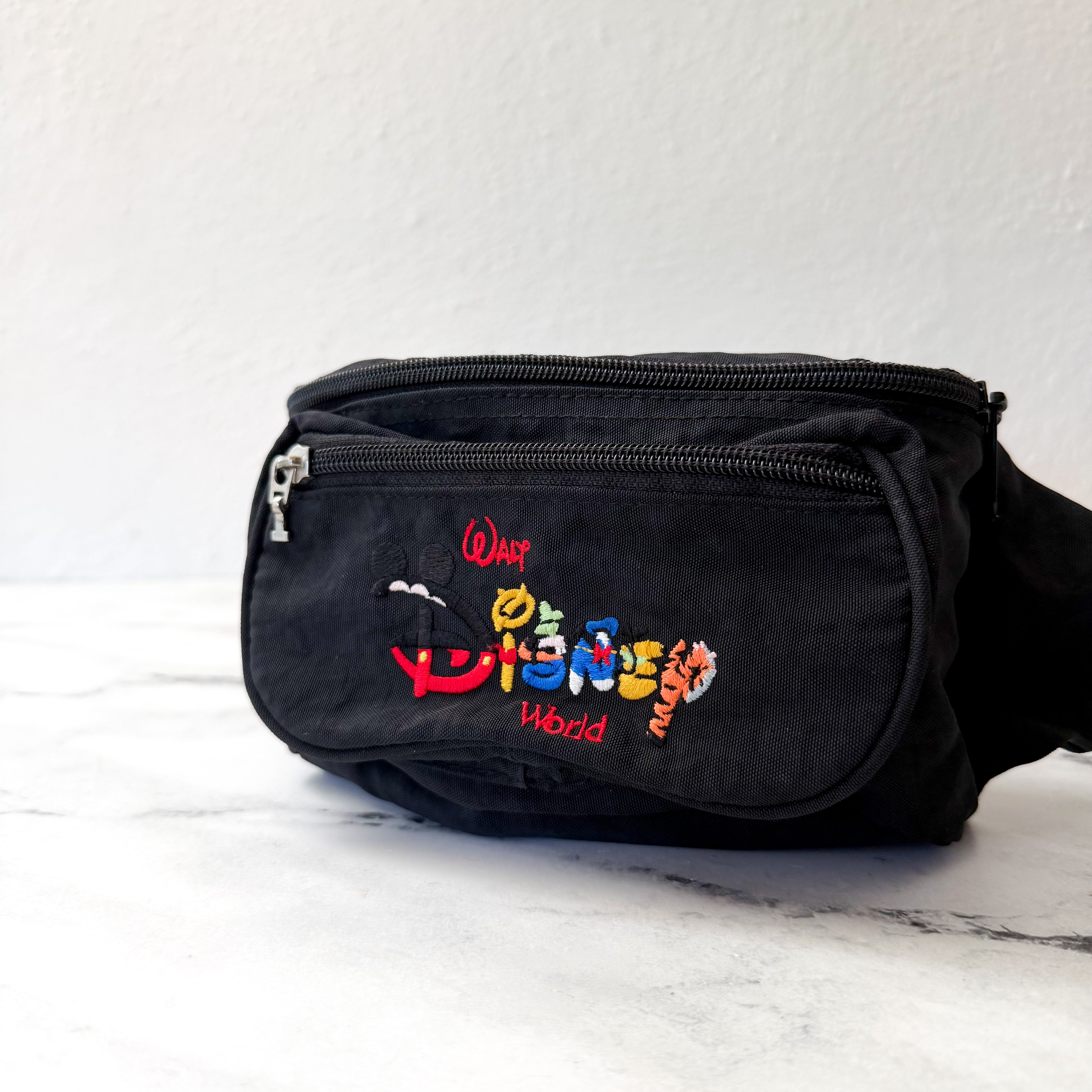 Vintage 90s Walt Disney World Embroidered Fanny Pack | Black Retro Waist Bag