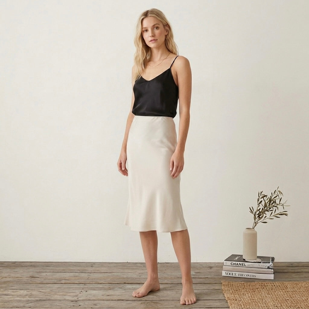 H&M Satin Midi Slip Skirt in Cream | XS