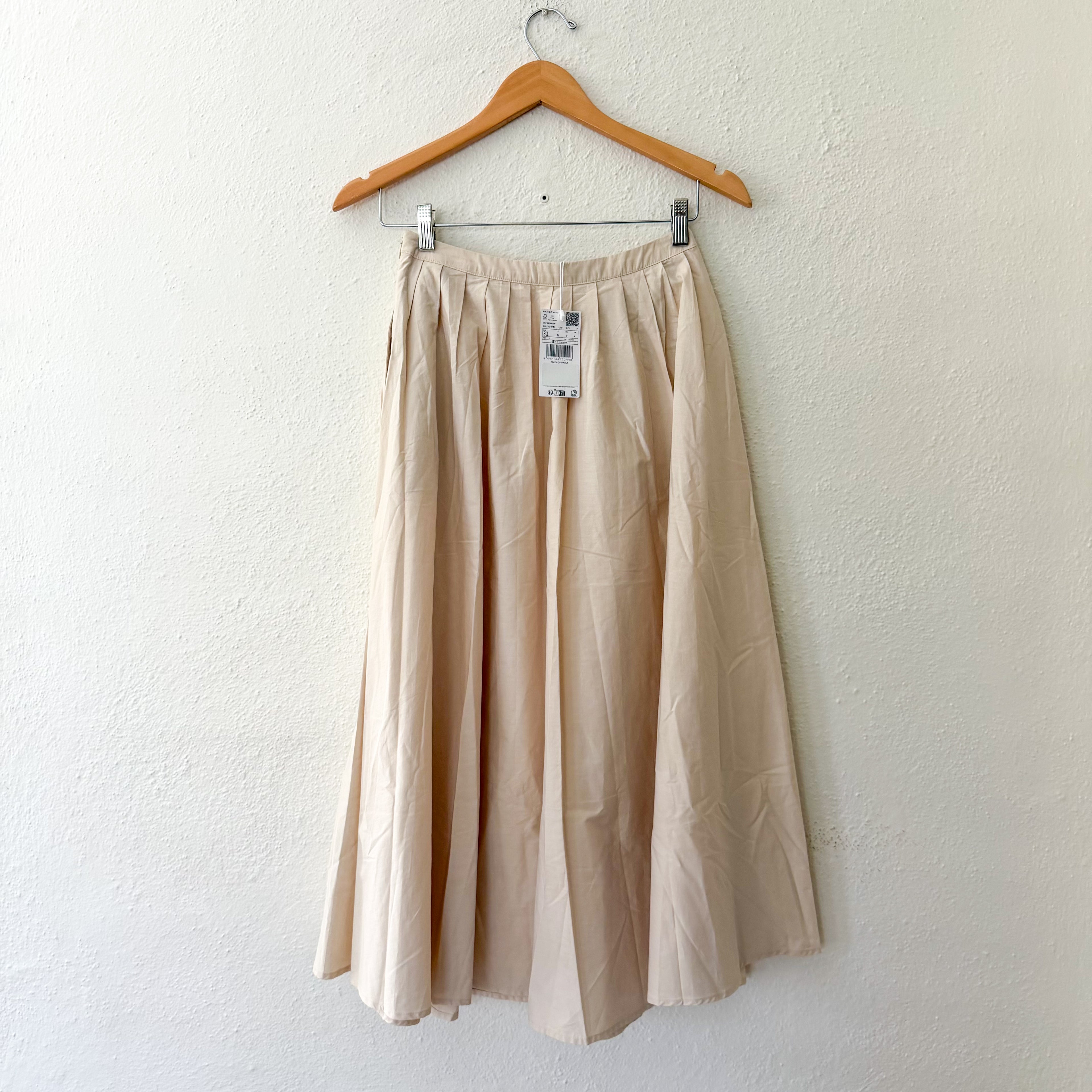 Mango MNG Paula Cotton Poplin Pleated Midi Skirt in Light Beige | 0