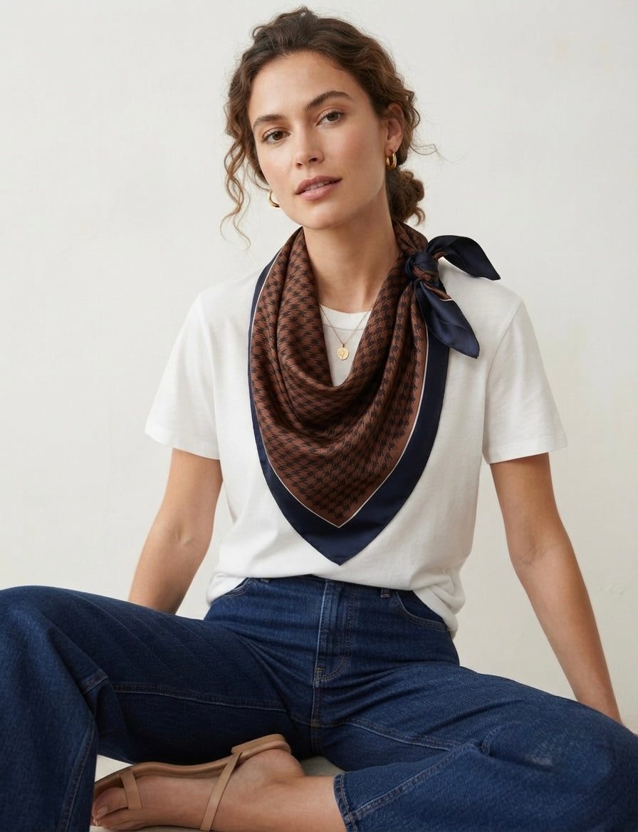 Madewell 100% Silk Bandana in Rich Brown Houndstooth