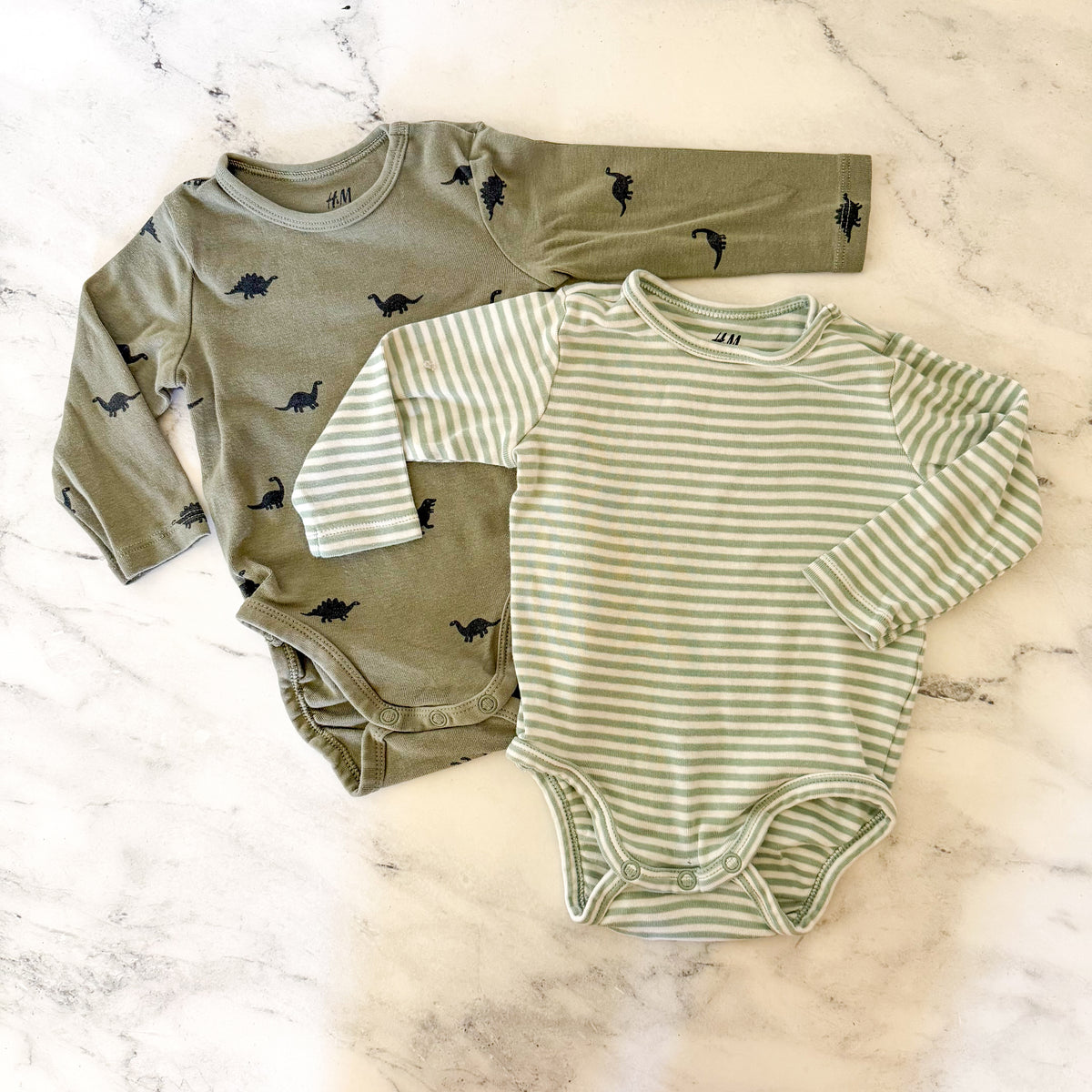 H&M Organic Cotton Dino & Stripe Long Sleeve Bodysuit Bundle | 3-6m