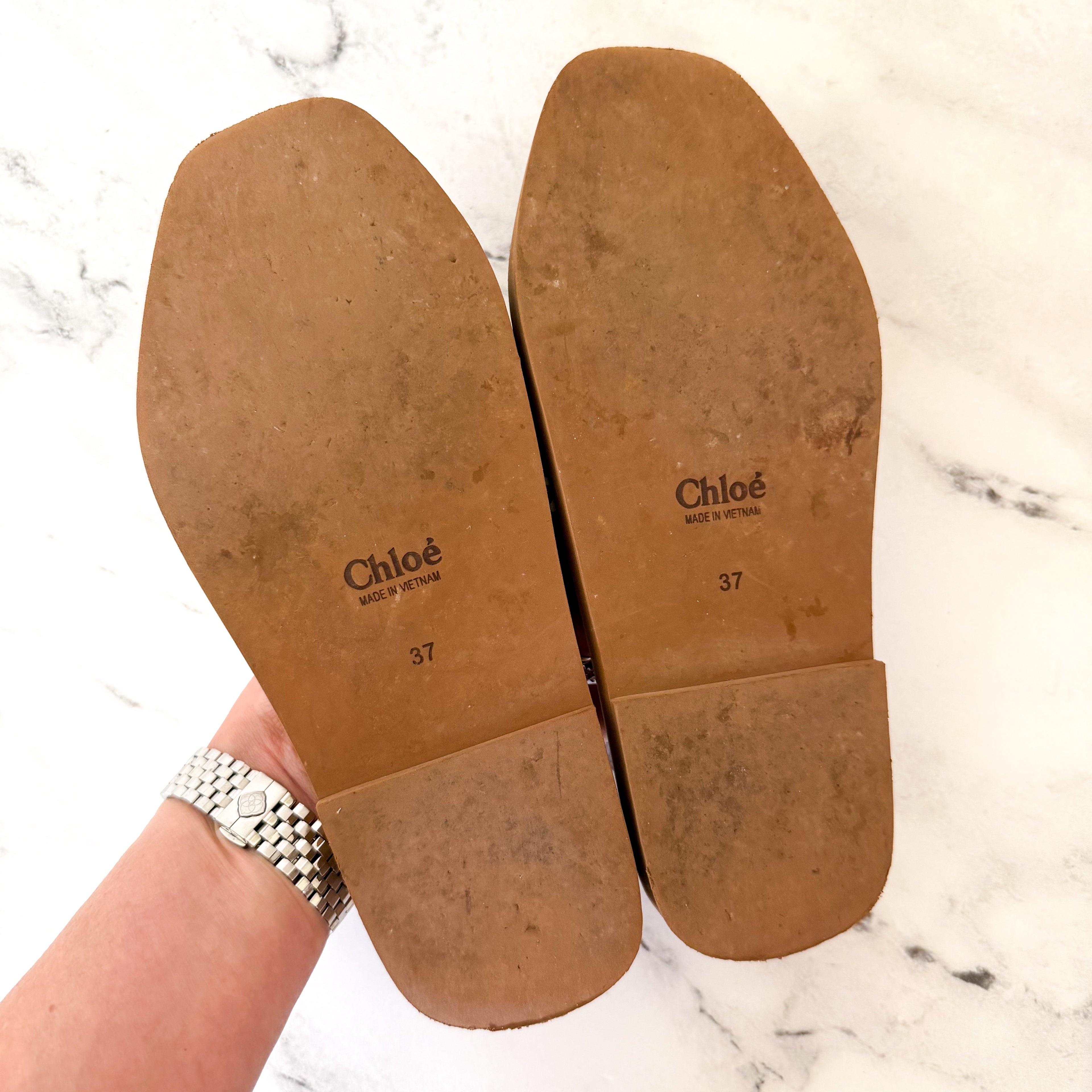 Chloé Woody Flat Logo Tan White Ribbon Slide Sandals, sz 37/6.5