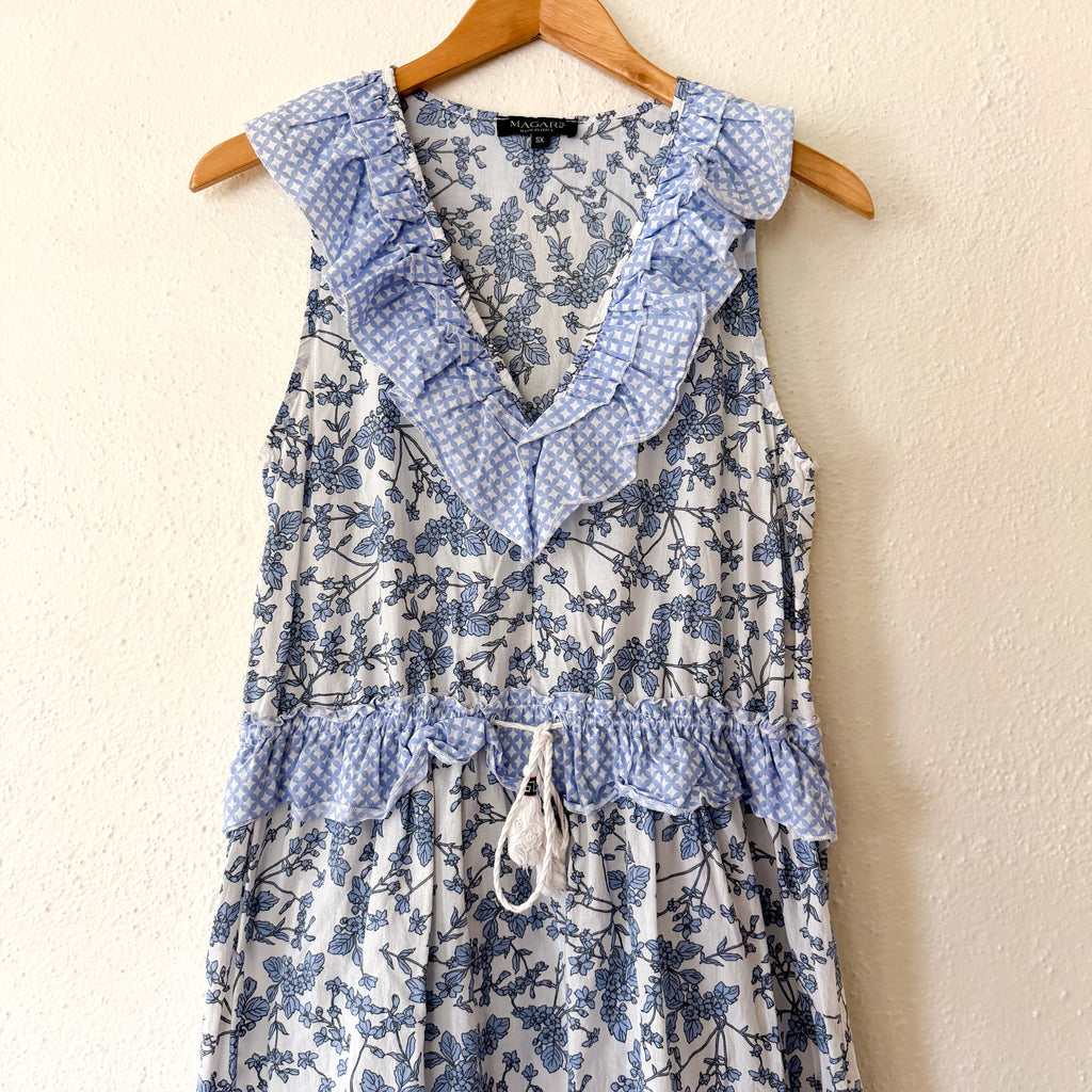 Magari Blue Floral Contrast Yoke Drawstring Wasit Midi Dress | XS