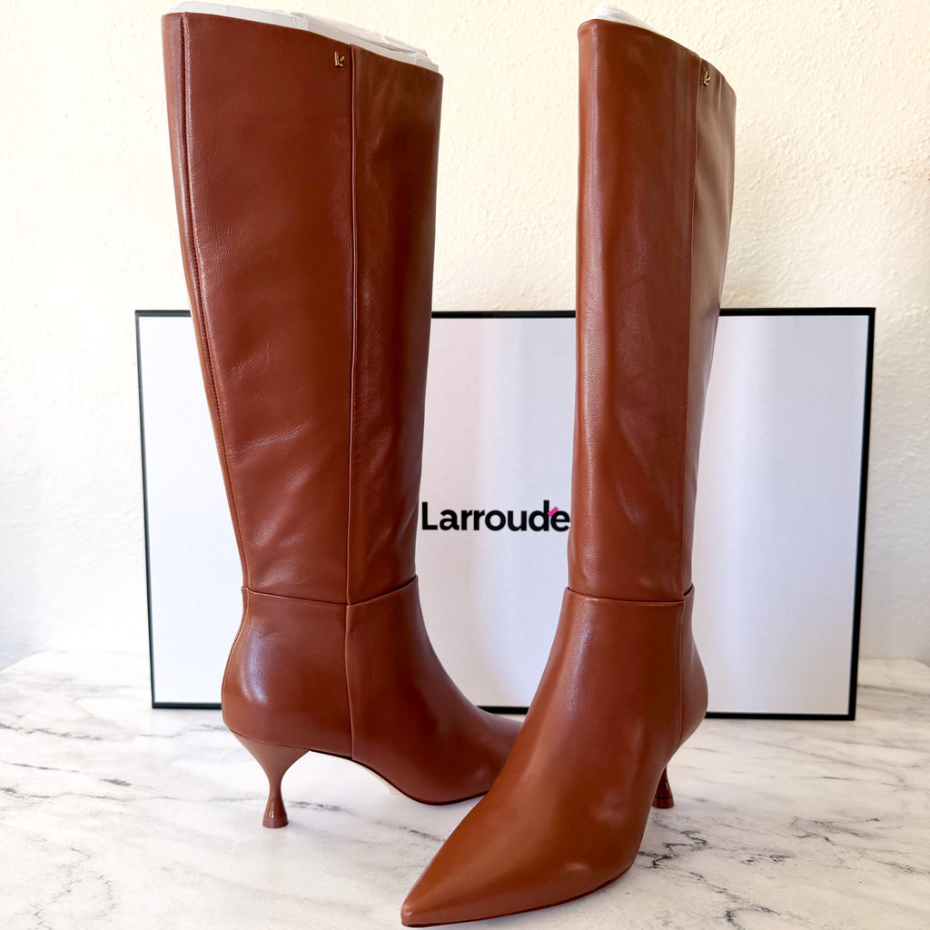 Larroudé Georgia Pointed Toe Boots in Shine Kids Skin Caramel | 6.5