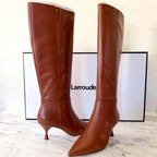Larroudé Georgia Pointed Toe Boots in Shine Kids Skin Caramel | 6.5
