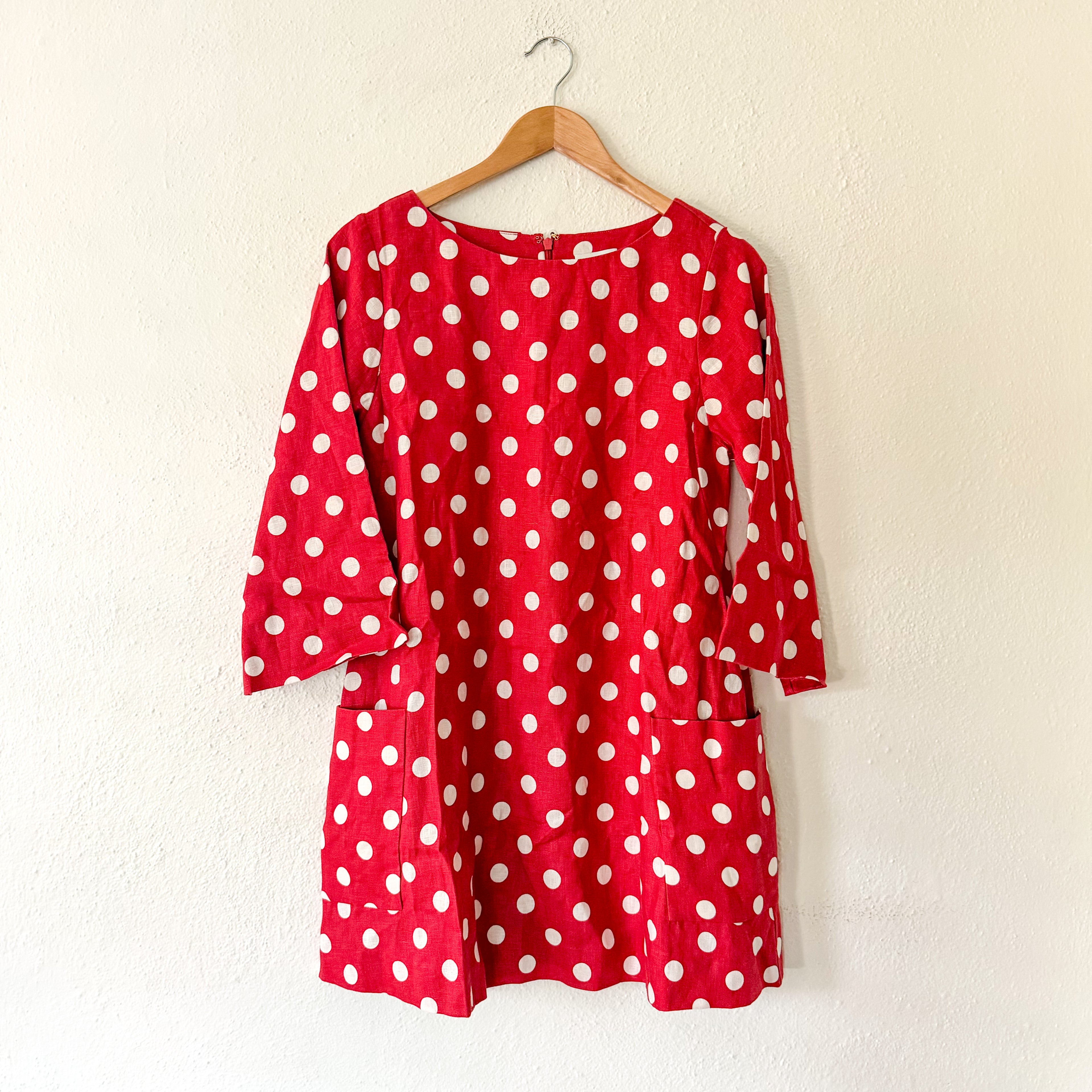Posse Nina 100% Linen Red Polka Dot Elbow Sleeve Shift Mini Dress | S