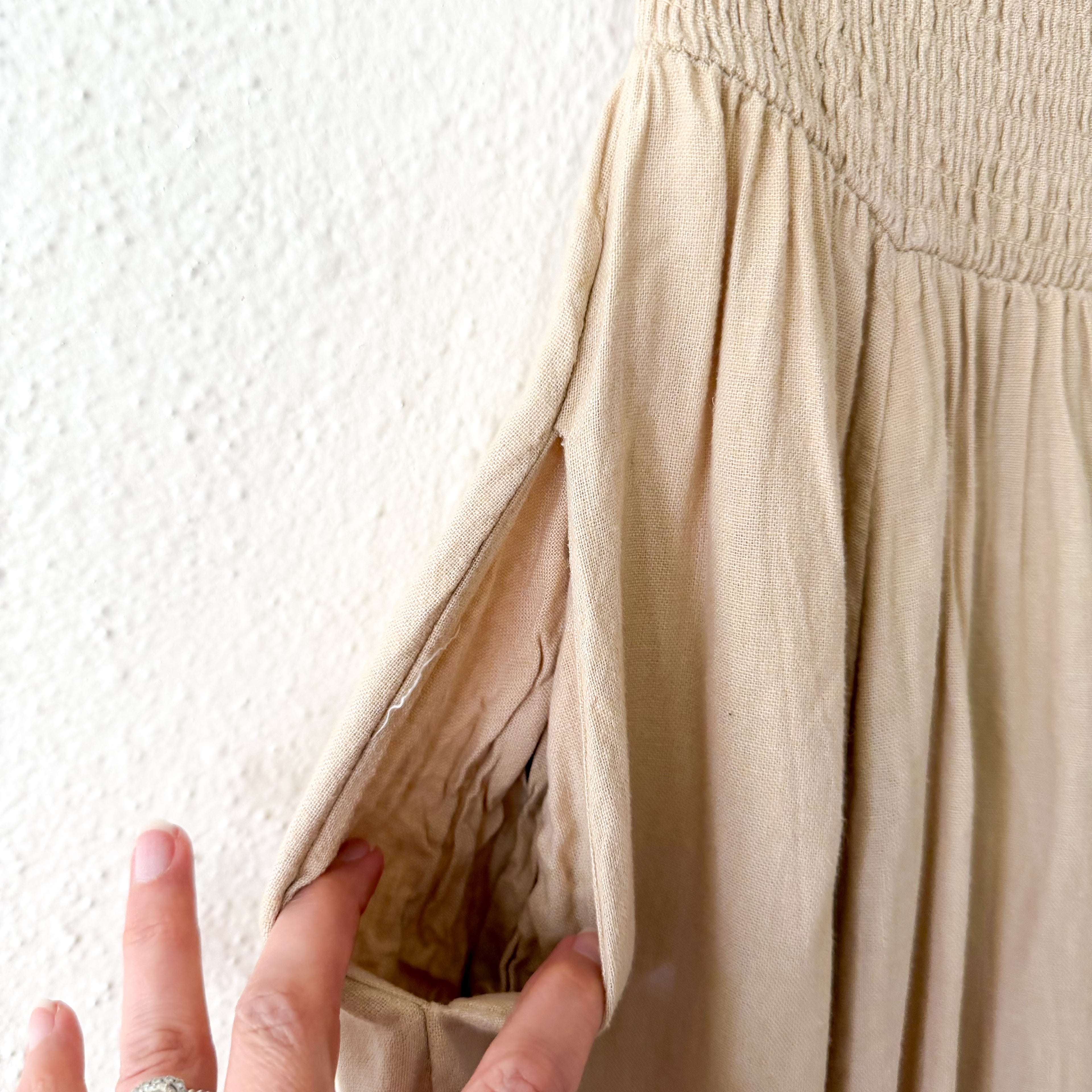 Free People Tan Lush Life Linen Smocked Strapless Dress in Bleached Sand | XS