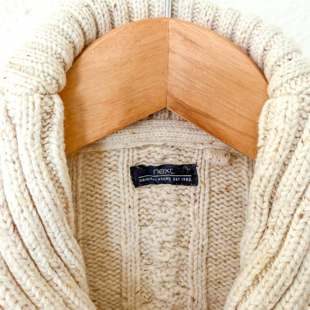 Next Wool Blend Cream Marl Cable Knit Shawl Collar Sweater | 12-18m