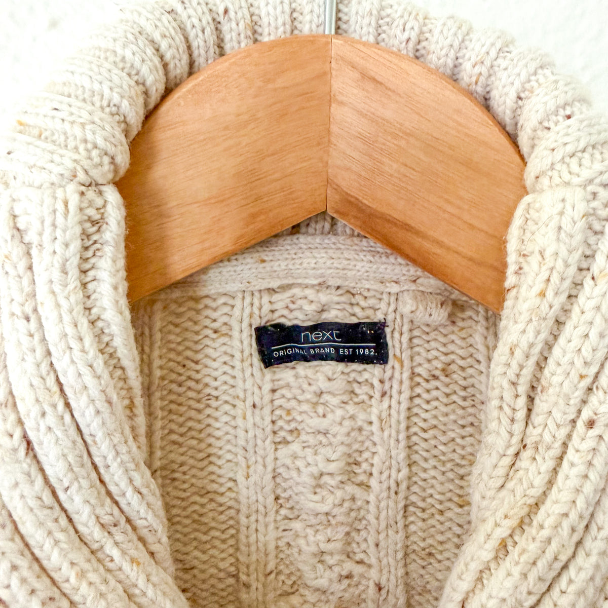Next Wool Blend Cream Marl Cable Knit Shawl Collar Sweater | 12-18m
