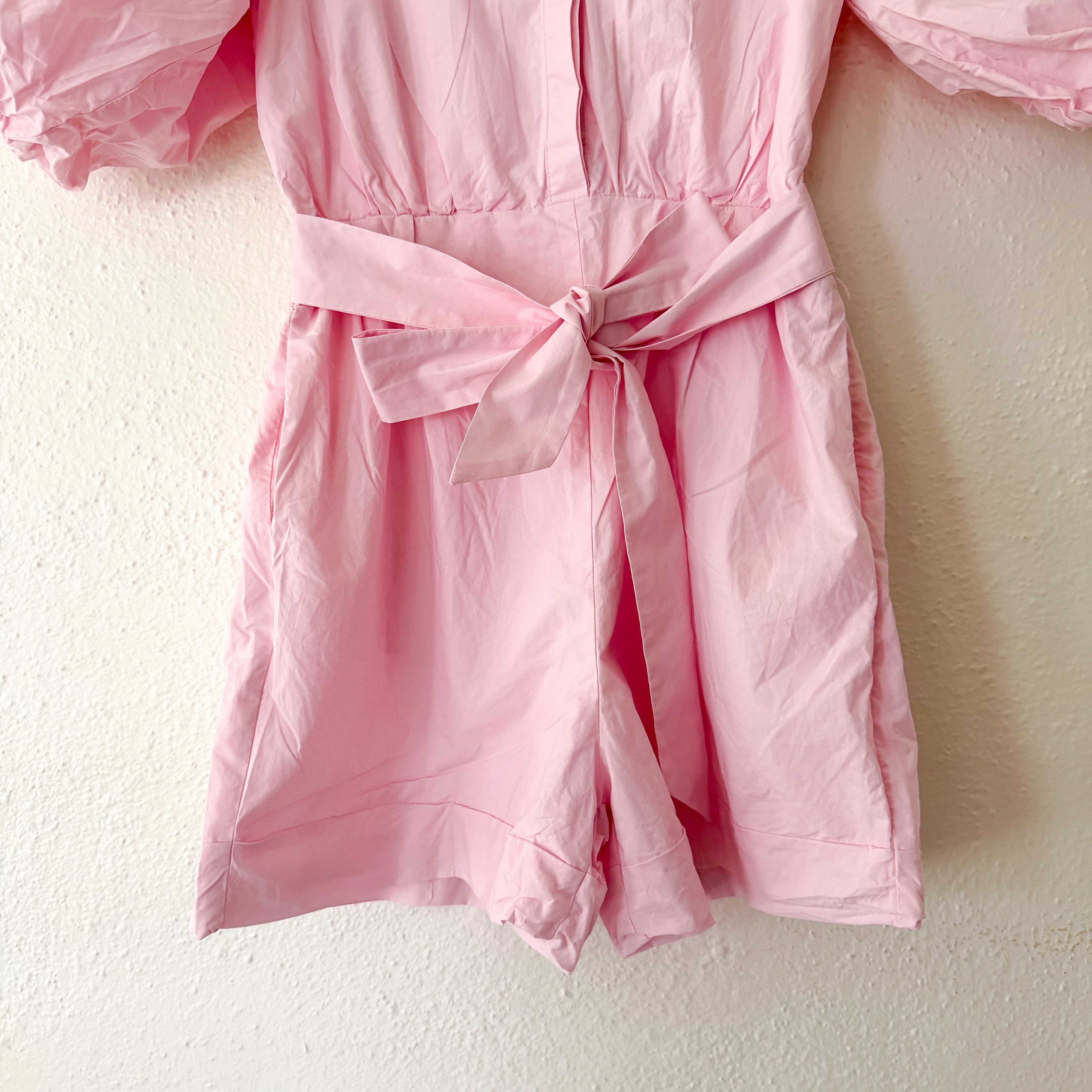 Karen Millen Pink Cotton Poplin Balloon Sleeve Button Down Romper | 2