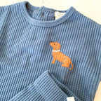 Firsts by Petit Lem Dog Appliqué Navy Blue Thermal Long Sleeve Top Pants Matching Set | 0-3m