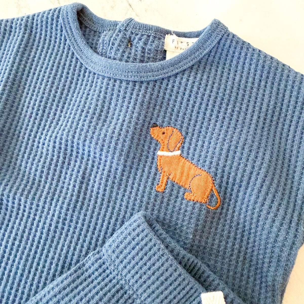 Firsts by Petit Lem Dog Appliqué Navy Blue Thermal Long Sleeve Top Pants Matching Set | 0-3m