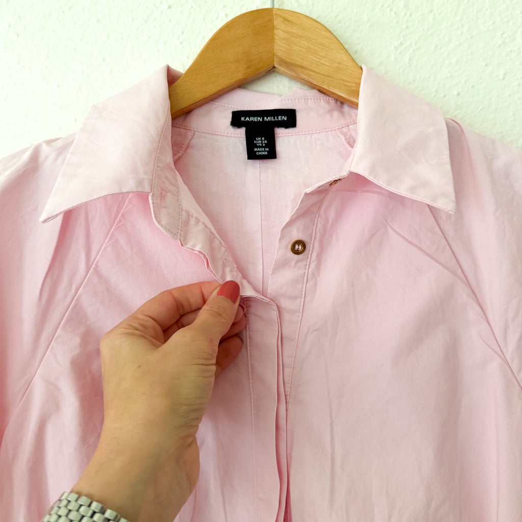 Karen Millen Pink Cotton Poplin Balloon Sleeve Button Down Romper | 2