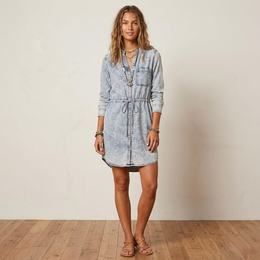 Cloth & Stone Long Sleeve Acid Wash Tencel Denim Shirt Dress | XS
