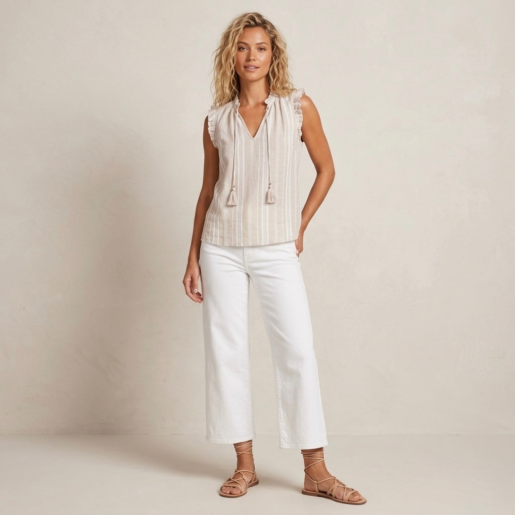 Ellen Tracy Linen Blend Tan Stripe Sleeveless Top | S