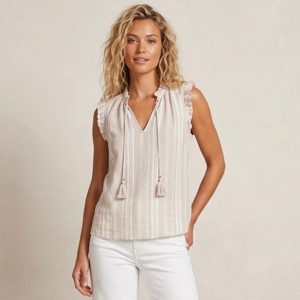 Ellen Tracy Linen Blend Tan Stripe Sleeveless Top | S