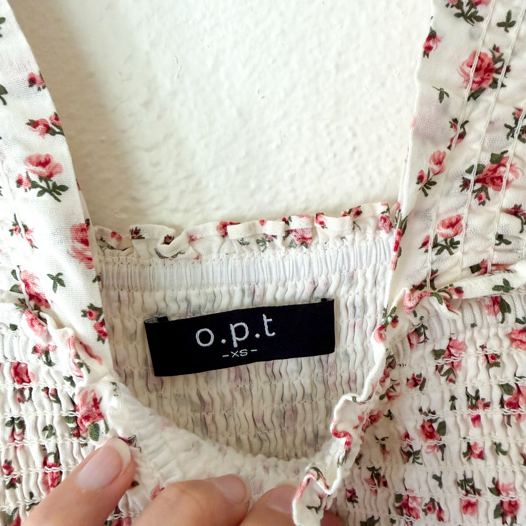 O.P.T. Calypso Cotton Smocked Cream Floral Midi Dress | XS