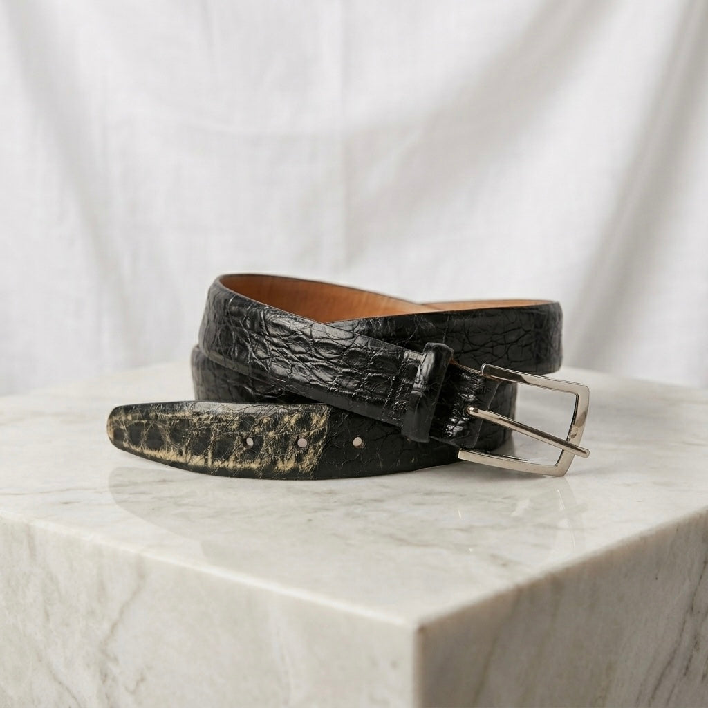 Martin Dingman Black Genuine Crocodile Leather Belt with Silver Buckle | 38