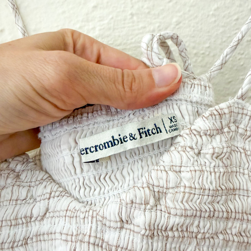 Abercrombie & Fitch Smocked Top Spaghetti Strap Maxi Dress in Neutral Windowpane | XS