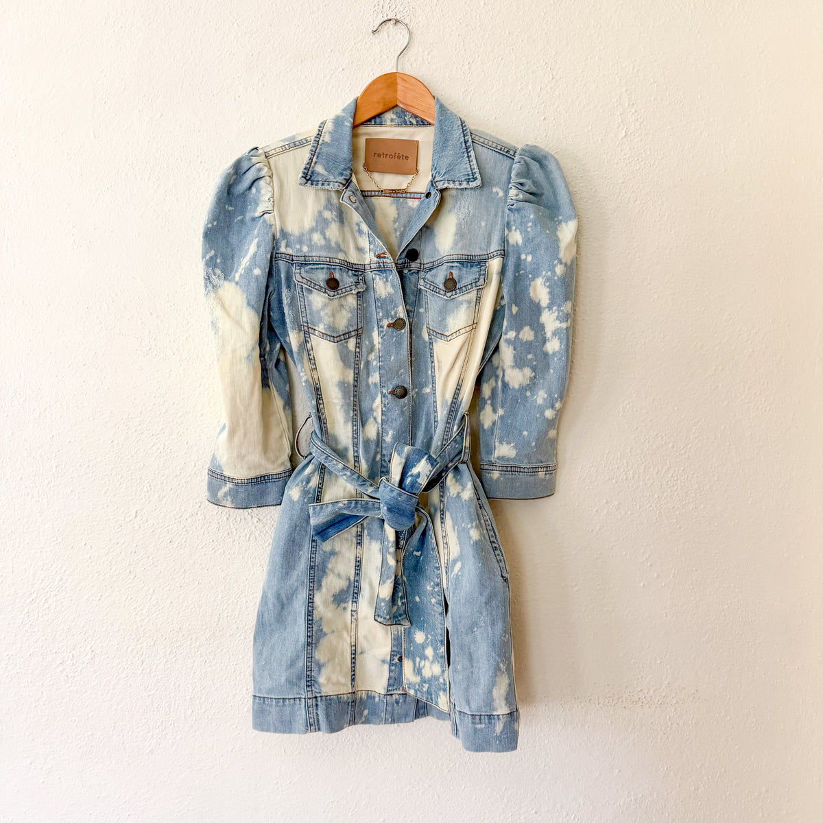 Retrofete Lema Denim Long Sleeve Belted Dress in Stone Bleach | XS