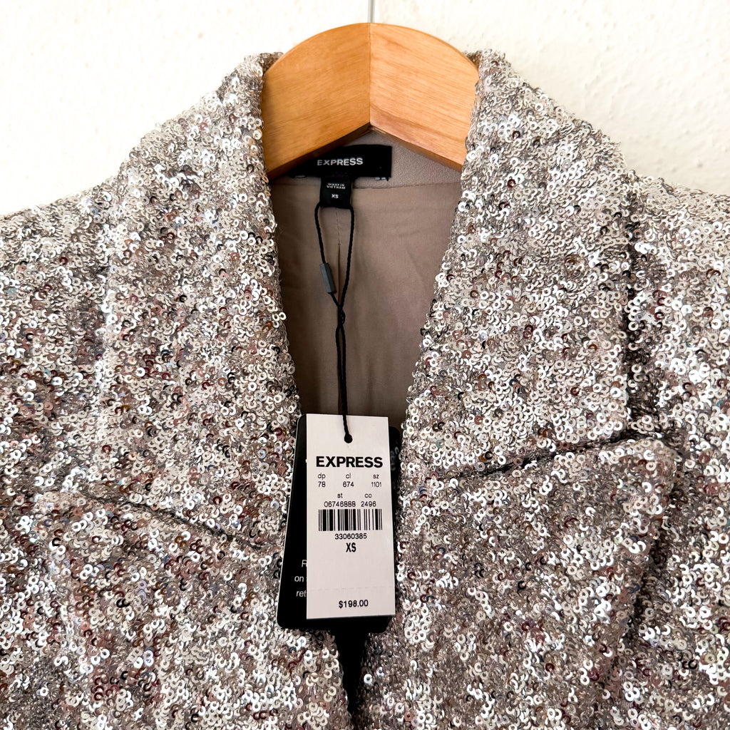 Express Silver Sequin One Button Boyfriend Blazer |  XS